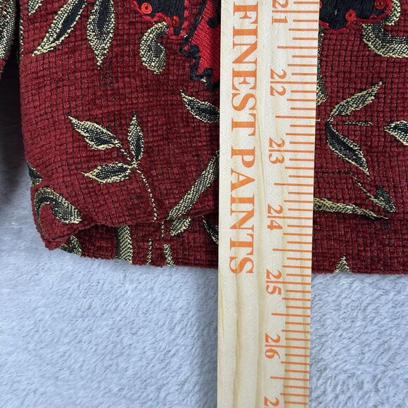 90s Vtg Tantrums Jacket Women Large Red Gold Tapestry Sequin Blazer Wearable Art - Picture 13 of 13